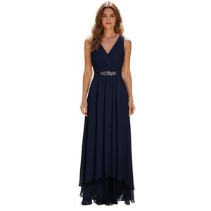 Eliza J High-Low Chiffon Gown V-Neck, Sleeveless, Navy Blue, Size 10